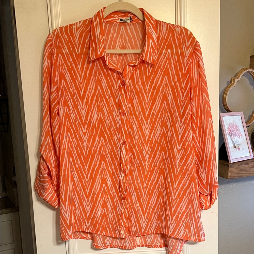 Kut from the Kloth Orange and White Chevron Button-Front Blouse